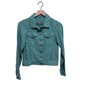Overland Linen Cotton Trucker Jacket Teal Green Crop Button Jacket
